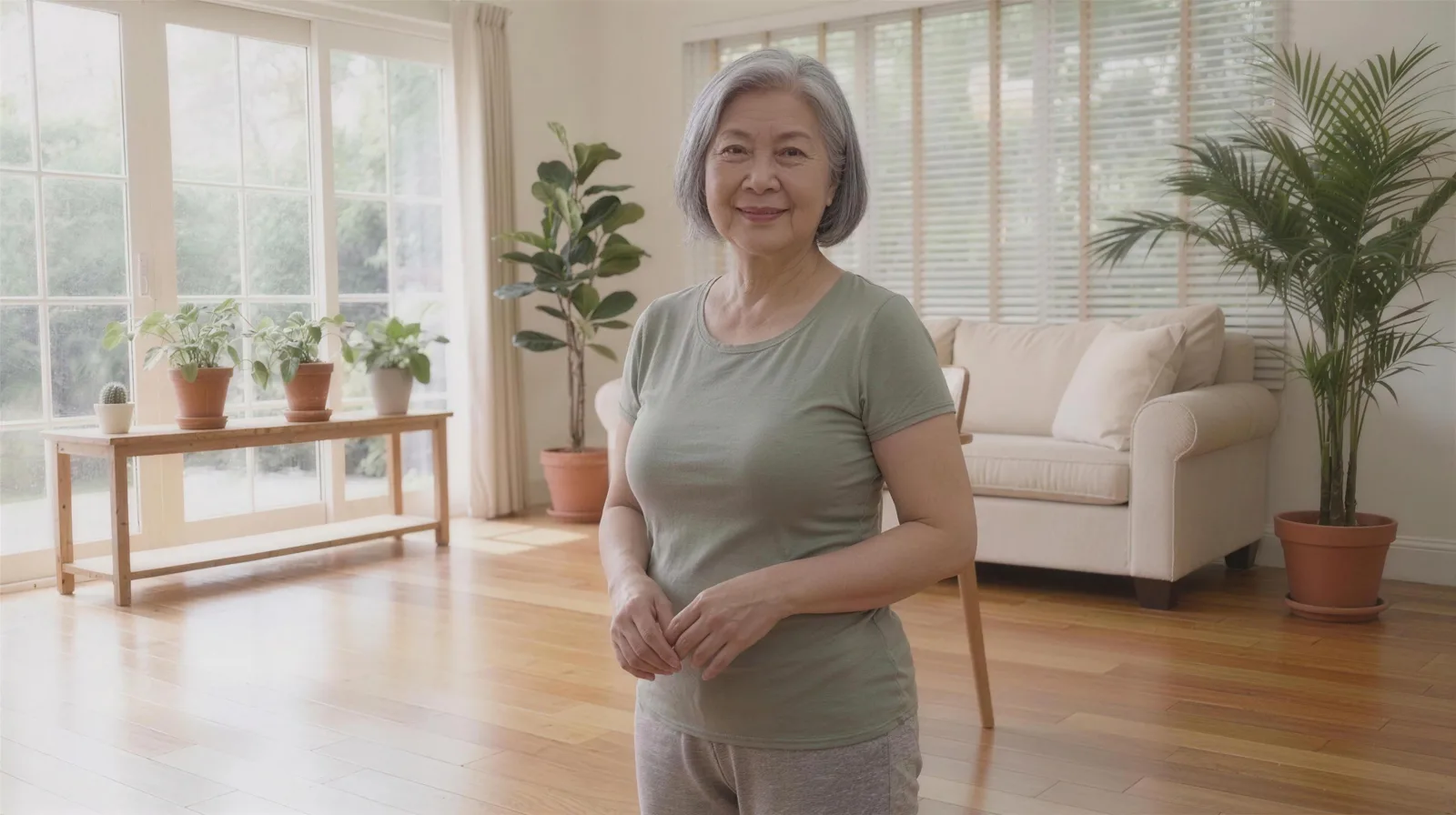 A recovery instructor welcoming you to a gentle at-home movement session